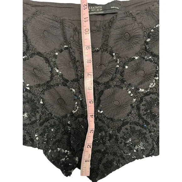 ALL SAINTS Pailletten Hand Embellished Black Night Out Dressy Shorts Size 4 EUC