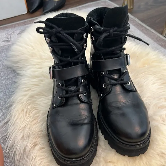 ALL SAINTS Paulina Black Leather Suede Combat Strap Buckle Boots
