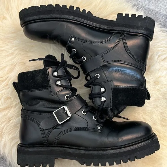 ALL SAINTS Paulina Black Leather Suede Combat Strap Buckle Boots