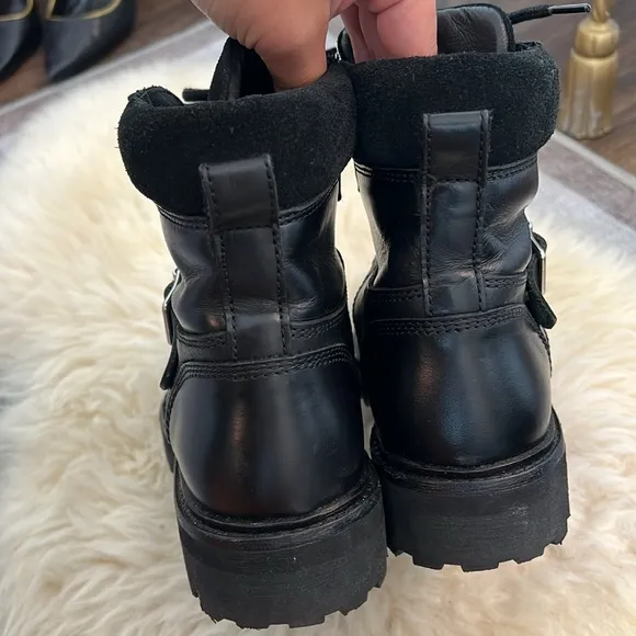 ALL SAINTS Paulina Black Leather Suede Combat Strap Buckle Boots
