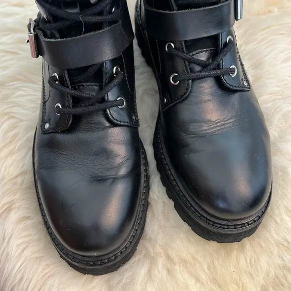 ALL SAINTS Paulina Black Leather Suede Combat Strap Buckle Boots