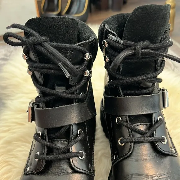 ALL SAINTS Paulina Black Leather Suede Combat Strap Buckle Boots