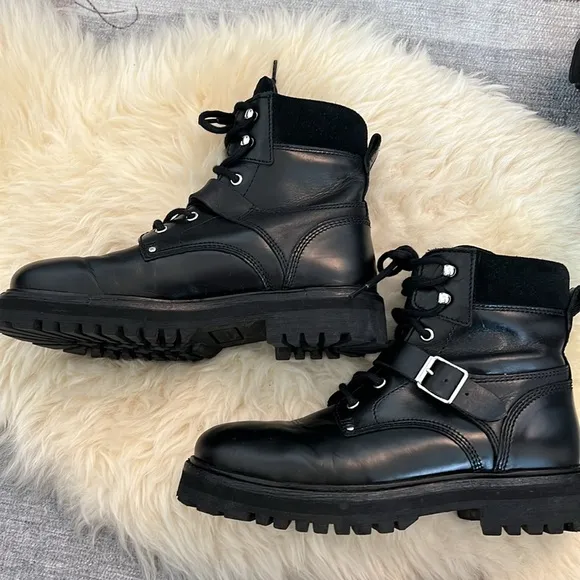 ALL SAINTS Paulina Black Leather Suede Combat Strap Buckle Boots
