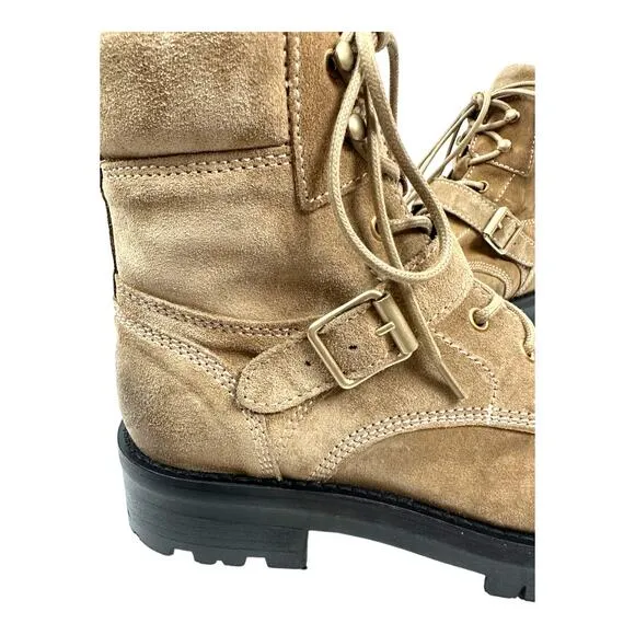 All Saints Paulina tan suede buckle moto boots size 8 gorpcore combat