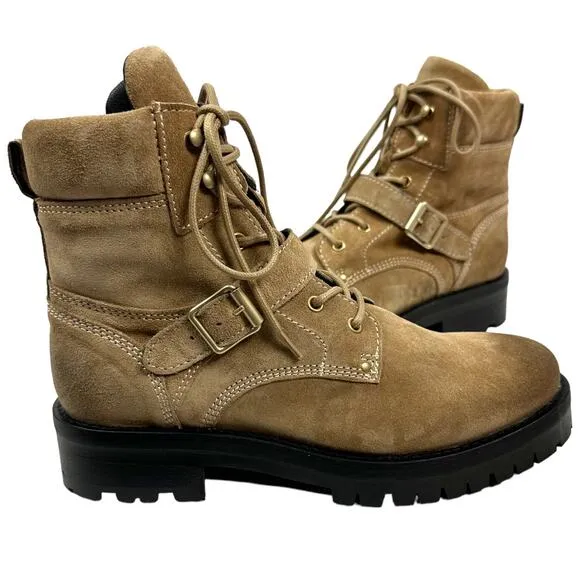 All Saints Paulina tan suede buckle moto boots size 8 gorpcore combat