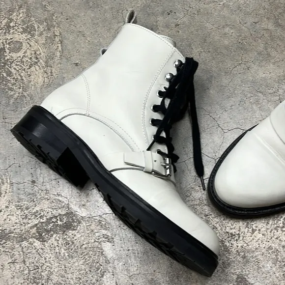 All Saints white leather ankle boots with black tie and buckle