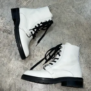 All Saints white leather ankle boots with black tie and buckle