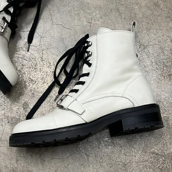 All Saints white leather ankle boots with black tie and buckle