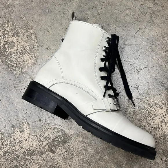 All Saints white leather ankle boots with black tie and buckle