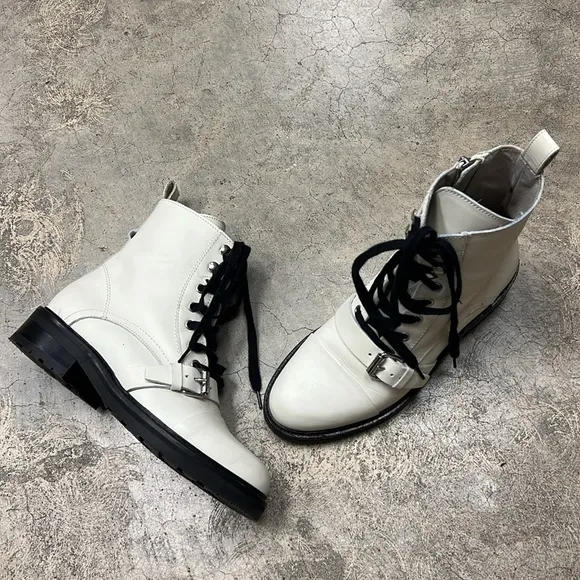 All Saints white leather ankle boots with black tie and buckle