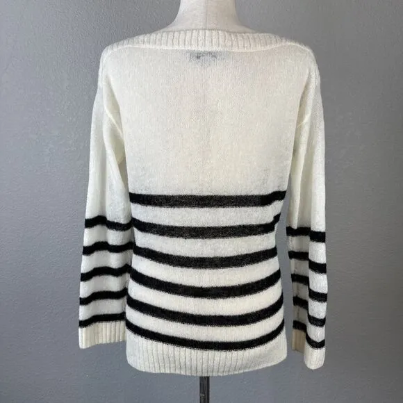 AllSaints Lune Striped Lightweight Sweater Size S White Black Boat Neck Wool