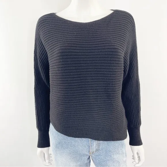 Anthropologie Black Ribbed Knit Sweater Size S Long Sleeve Boat Neck Classic