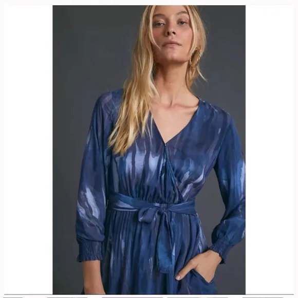 Anthropologie Cloth &amp; Stone Blue Tie Dye Wrap Dress Long Sleeves Boho Modest XL