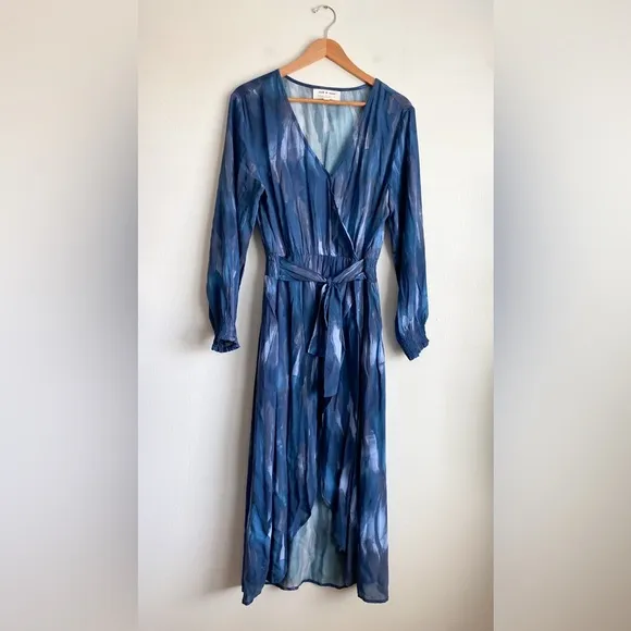 Anthropologie Cloth &amp; Stone Blue Tie Dye Wrap Dress Long Sleeves Boho Modest XL