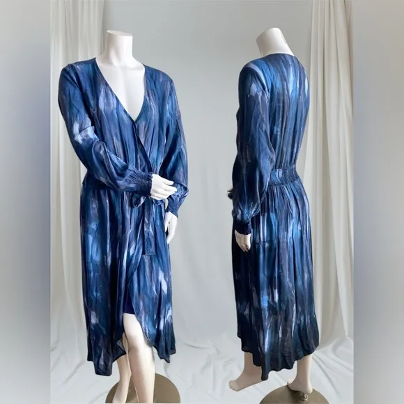 Anthropologie Cloth &amp; Stone Blue Tie Dye Wrap Dress Long Sleeves Boho Modest XL