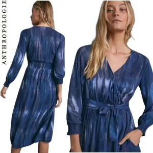 Anthropologie Cloth &amp; Stone Blue Tie Dye Wrap Dress Long Sleeves Boho Modest XL