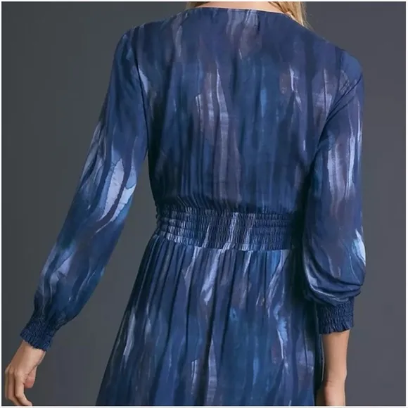 Anthropologie Cloth &amp; Stone Blue Tie Dye Wrap Dress Long Sleeves Boho Modest XL