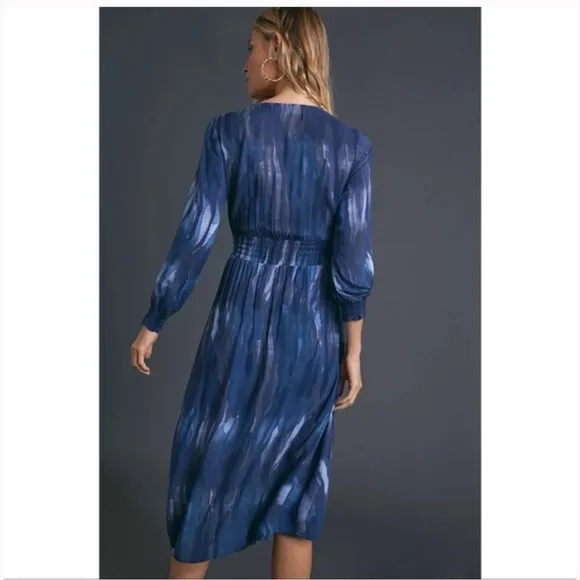 Anthropologie Cloth &amp; Stone Blue Tie Dye Wrap Dress Long Sleeves Boho Modest XL