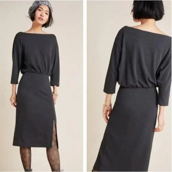 Anthropologie Knit Column Dress Boat Neck 3/4 Sleeves Charcoal Gray, Size XS