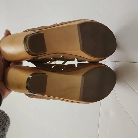 Anthropologie Latigo Cali Lace-up Clogs Tan Leather Wooden Sole Size 9.5 M NEW