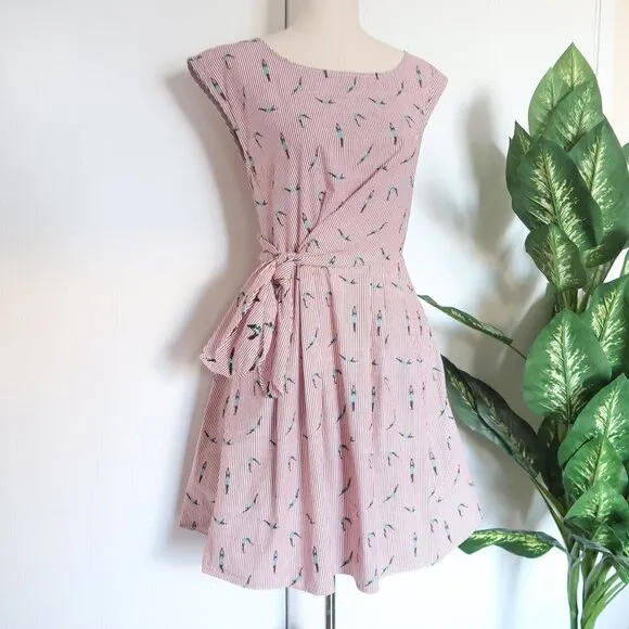 Anthropologie Maeve Bathing Beauties Red &amp; White Stripe Dress w Ties Size 2