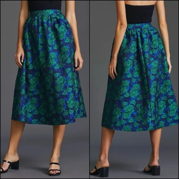 ANTHROPOLOGIE NWT Sunday in Brooklyn Floral Jacquard A-Line Midi Skirt Size S
