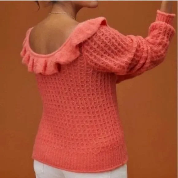 Anthropologie Ruffled Boat Neck Sweater Women’s Size S Petite Wool Blend Whimsy