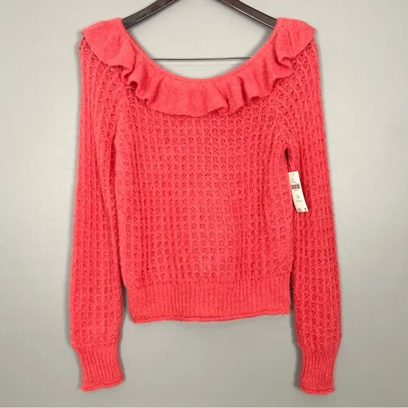 Anthropologie Ruffled Boat Neck Sweater Women’s Size S Petite Wool Blend Whimsy
