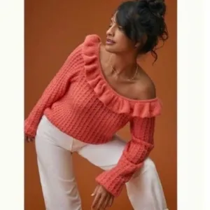 Anthropologie Ruffled Boat Neck Sweater Women’s Size S Petite Wool Blend Whimsy