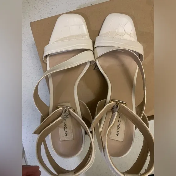 ANTONIO MELANI Cream Ivory Croc Print Ankle Strap Open Toe Block Heels Shoes 7.5