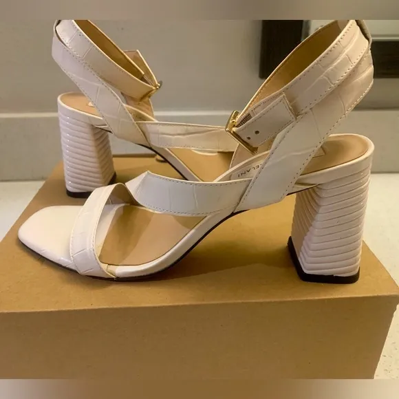 ANTONIO MELANI Cream Ivory Croc Print Ankle Strap Open Toe Block Heels Shoes 7.5