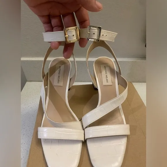 ANTONIO MELANI Cream Ivory Croc Print Ankle Strap Open Toe Block Heels Shoes 7.5