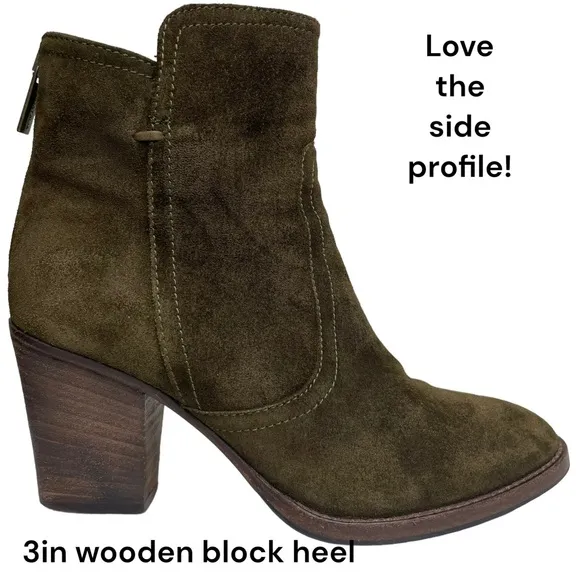 Aquatalia Green Suede Leather Ankle Boots Back Zip Block Heel Made In Italy Sz 7