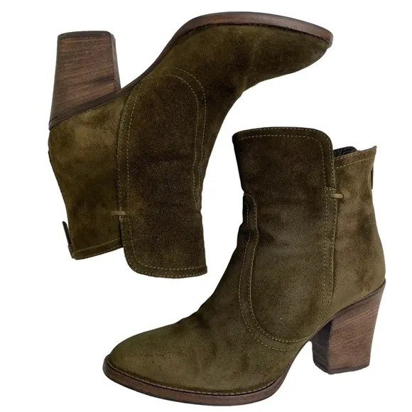 Aquatalia Green Suede Leather Ankle Boots Back Zip Block Heel Made In Italy Sz 7