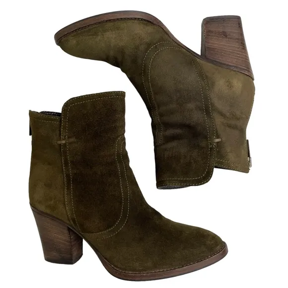 Aquatalia Green Suede Leather Ankle Boots Back Zip Block Heel Made In Italy Sz 7
