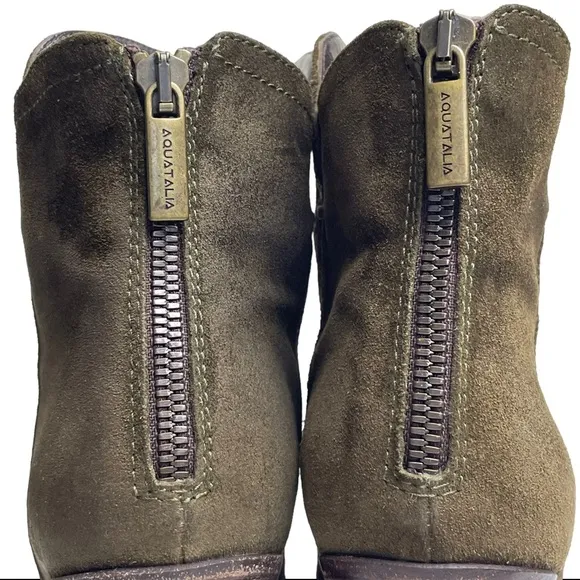 Aquatalia Green Suede Leather Ankle Boots Back Zip Block Heel Made In Italy Sz 7