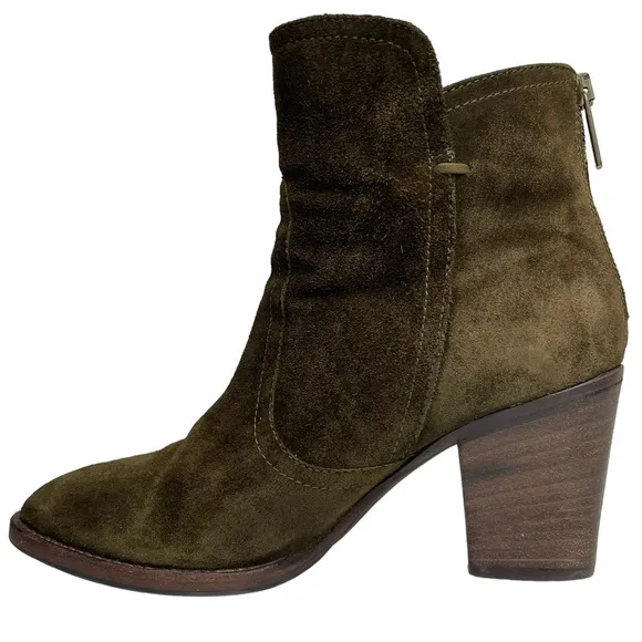 Aquatalia Green Suede Leather Ankle Boots Back Zip Block Heel Made In Italy Sz 7