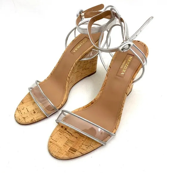 Aquazzura Firenze Ankle Strap Wedge Open Toe Clear Women’s Shoes 8 / 38