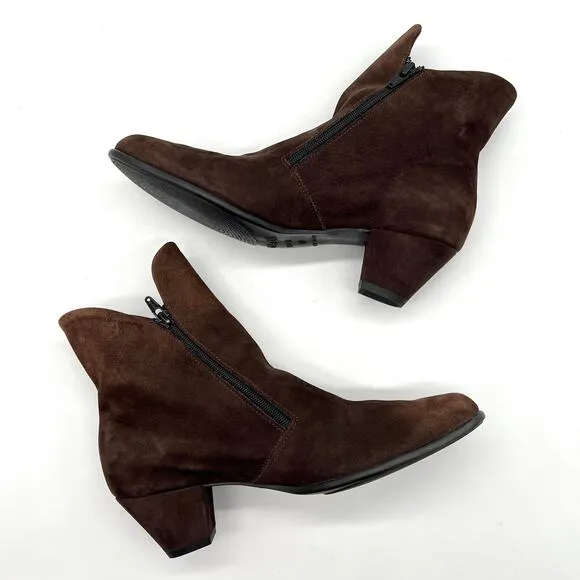 ARCHE Suede Ankle Boots Womens 6.5 Dark Brown Low Heel Comfort Cushioned Leather