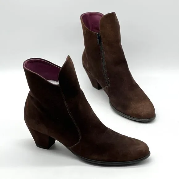 ARCHE Suede Ankle Boots Womens 6.5 Dark Brown Low Heel Comfort Cushioned Leather