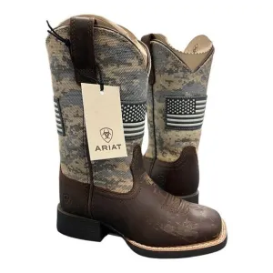 ARIAT BOOTS Kids 8 CAMO PATRIOTIC WESTERN SQUARE TOE CHILDREN USA FLAG Brown