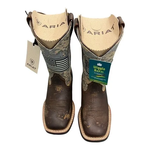 ARIAT BOOTS Kids 8 CAMO PATRIOTIC WESTERN SQUARE TOE CHILDREN USA FLAG Brown