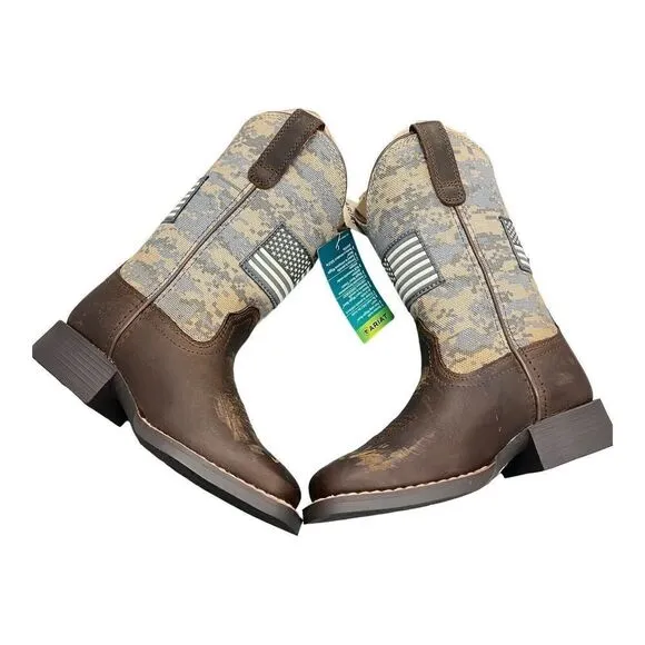 ARIAT BOOTS Kids 8 CAMO PATRIOTIC WESTERN SQUARE TOE CHILDREN USA FLAG Brown