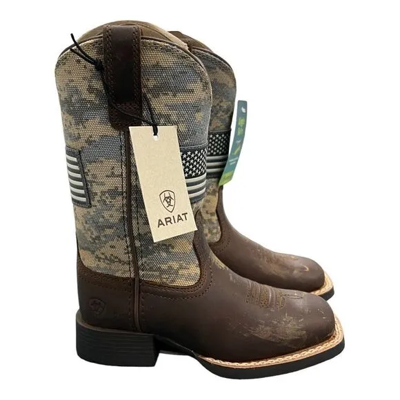 ARIAT BOOTS Kids 8 CAMO PATRIOTIC WESTERN SQUARE TOE CHILDREN USA FLAG Brown