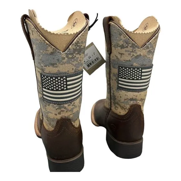 ARIAT BOOTS Kids 8 CAMO PATRIOTIC WESTERN SQUARE TOE CHILDREN USA FLAG Brown