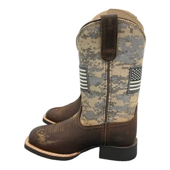 ARIAT BOOTS Kids 8 CAMO PATRIOTIC WESTERN SQUARE TOE CHILDREN USA FLAG Brown