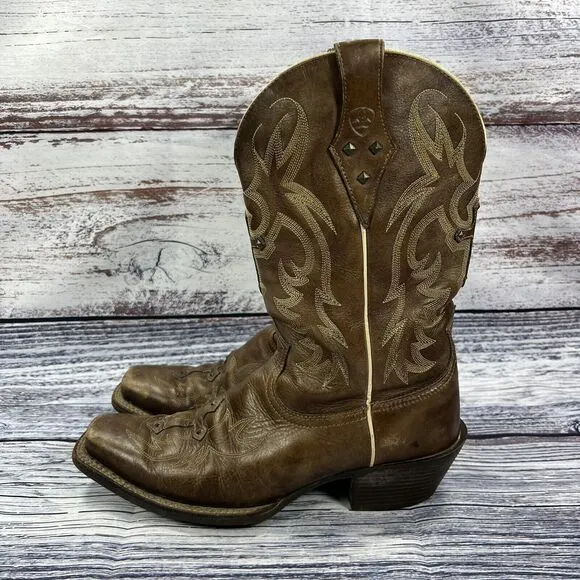 Ariat Legend Spirit Brown Leather Cross Studded Square Toe Western Boots Size 10