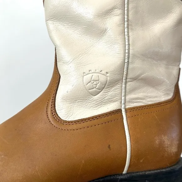 ARIAT WESTERN LEATHER COWBOY BOOTS IN CREAM/BROWN SIZE-6B~MSRP $190