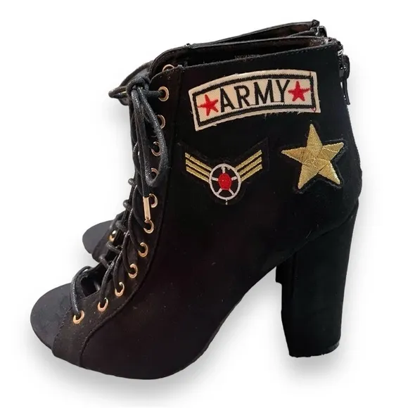 Army Black Open Toe Lace Up Booties with Army Patches Women’s Size 6US/36(EU)
