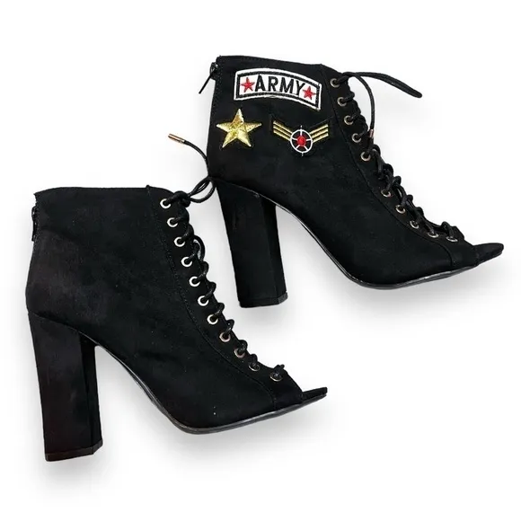 Army Black Open Toe Lace Up Booties with Army Patches Women’s Size 6US/36(EU)